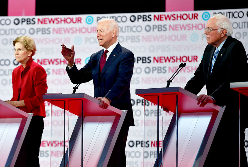 Democratic presidential hopefuls, Massachusetts Senator Elizabeth Warren, former Vice President Joe Biden and Vermont Senator Bernie Sanders participate of the sixth Democratic primary debate of the 2020 presidential campaign season co-hosted by PBS NewsHour & Politico at Loyola Marymount University in Los Angeles, California on December 19, 2019. (FREDERIC J. BROWN/AFP via Getty Images)