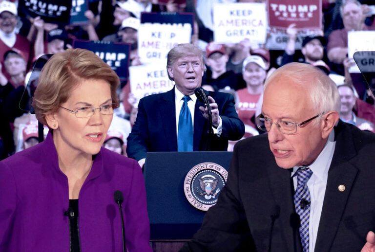 Elizabeth Warren and Bernie Sanders participated in Democratic presidential primary debate at Drake University on January 14, 2020 in Des Moines, Iowa, while President Donald held his pwn "Keep America Great Rally" in Milwaukee, WI (Kyle Mazza/Anadolu Agency/Scott Olson/Getty Images/Salon)