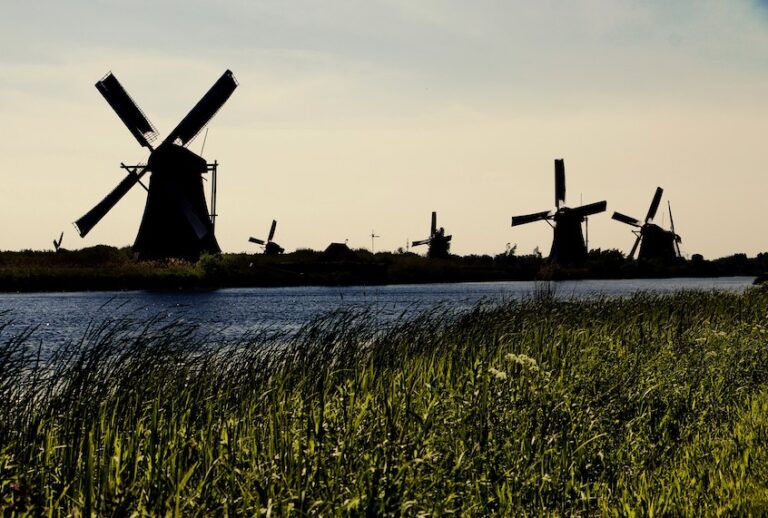 Windmills are seen in Kinderdijk, Netherlands on May 11, 2019. (Abdullah Asiran/Anadolu Agency/Getty Images)