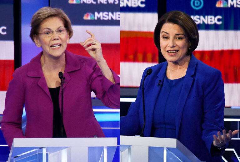 Split of Democratic presidential candidates Sen. Elizabeth Warren and Sen. Amy Klobuchar during the Democratic presidential primary debate at Paris Las Vegas on February 19, 2020 in Las Vegas, Nevada. Six candidates qualified for the third Democratic presidential primary debate of 2020, which comes just days before the Nevada caucuses on February 22. (Mario Tama/Getty Images/MARK RALSTON/AFP/Salon)