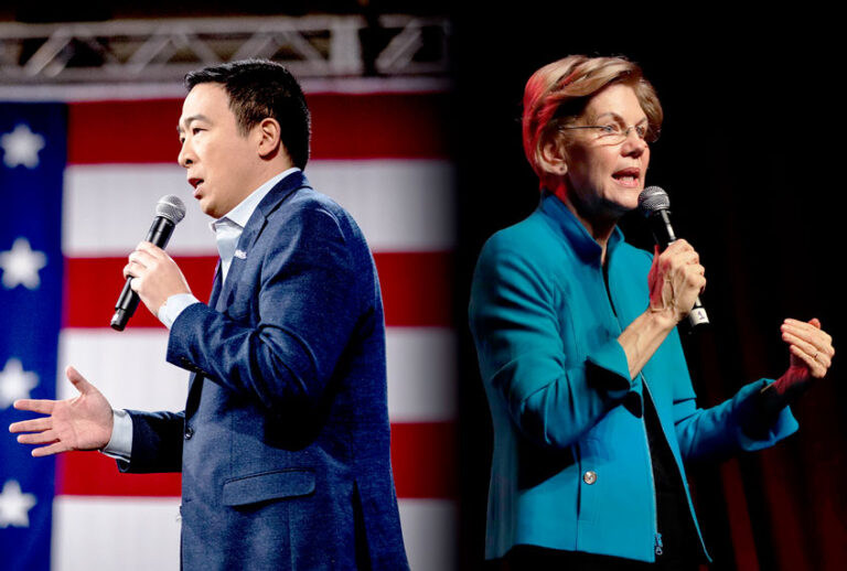 Andrew Yang and Elizabeth Warren (AP Photo/Salon)