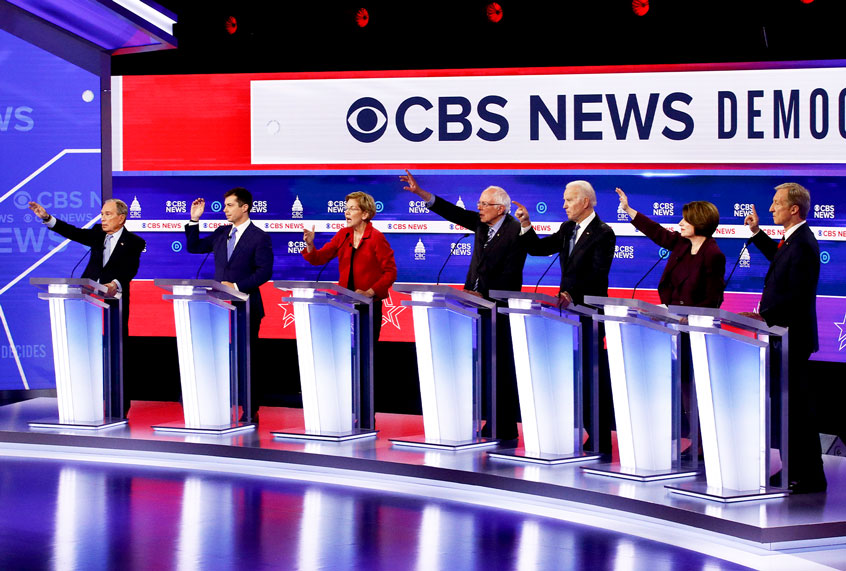 From left, Democratic presidential candidates, former New York City Mayor Mike Bloomberg, former South Bend Mayor Pete Buttigieg, Sen. Elizabeth Warren, D-Mass., Sen. Bernie Sanders, I-Vt., former Vice President Joe Biden, Sen. Amy Klobuchar, D-Minn., and businessman Tom Steyer, participate in a Democratic presidential primary debate at the Gaillard Center, Tuesday, Feb. 25, 2020, in Charleston, S.C., co-hosted by CBS News and the Congressional Black Caucus Institute. (AP Photo/Patrick Semansky)