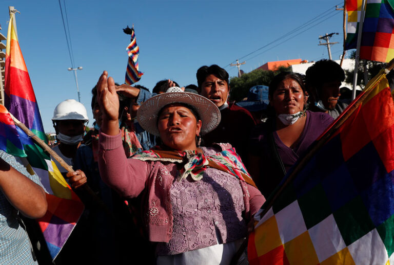 Supporters of former President Evo Morales rally in Sacaba, outskirts of Cochabamba, Bolivia, Monday, Nov. 18, 2019. Morales's backers have taken to the streets demanding his return, since he resigned on Nov. 10 under pressure from the military after weeks of protests against him over a disputed election he claim to have won. (AP Photo/Juan Karita)