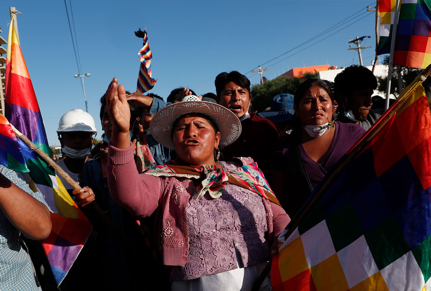 Supporters of former President Evo Morales rally in Sacaba, outskirts of Cochabamba, Bolivia, Monday, Nov. 18, 2019. Morales's backers have taken to the streets demanding his return, since he resigned on Nov. 10 under pressure from the military after weeks of protests against him over a disputed election he claim to have won. (AP Photo/Juan Karita)