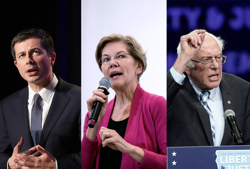 Pete Buttigieg, Elizabeth Warren and Bernie Sanders (Getty Images/AP Photo/Salon)