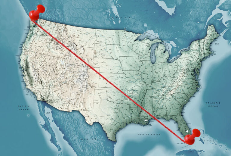 Map of the United States with a diagonal route pinned with string, from Cape Flattery, WA, to Key West, FL. (Getty Images/Salon)