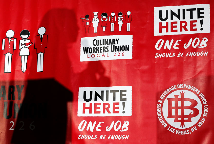 Banner at the Culinary Workers Union (AP Photo/John Locher)