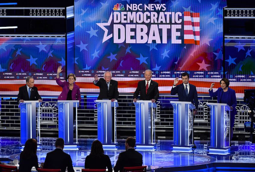 Democratic presidential hopefuls Former New York Mayor Mike Bloomberg, Massachusetts Senator Elizabeth Warren, Vermont Senator Bernie Sanders, Former Vice President Joe Biden, Former mayor of South Bend, Indiana, Pete Buttigieg and Indiana Senator Amy Klobuchar participate in the ninth Democratic primary debate of the 2020 presidential campaign season. (Mark Ralston/AFP via Getty Images)
