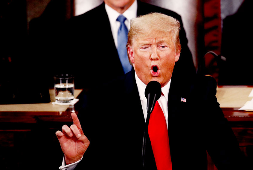 President Donald Trump delivers his State of the Union address to a joint session of Congress on Capitol Hill in Washington, Tuesday, Feb. 4, 2020, as Vice President Mike Pence and House Speaker Nancy Pelosi, D-Calif., watch. (AP Photo/Patrick Semansky)