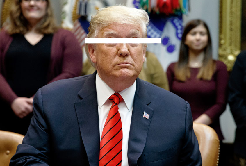 Donald Trump with a white bar over his eyes, denoting the wealthy upper class in "Parasite" (AP Photo/Salon)