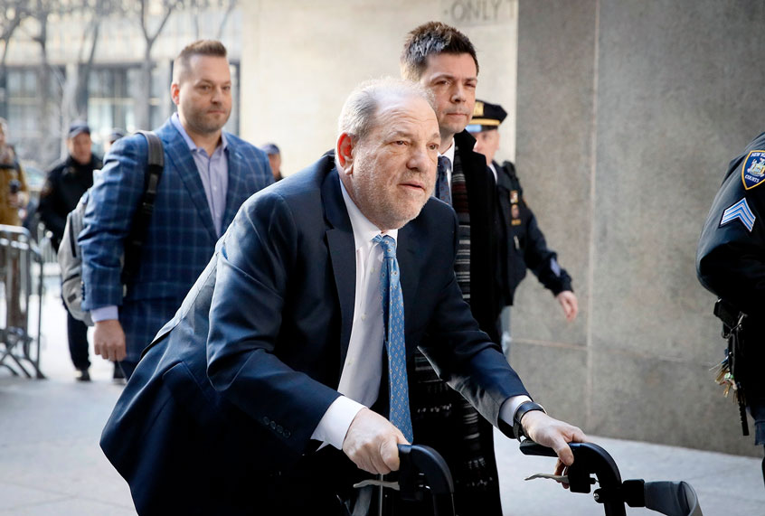 Harvey Weinstein arrives at a Manhattan courthouse as jury deliberations continue in his rape trial, Monday, Feb. 24, 2020, in New York. (AP Photo/John Minchillo)