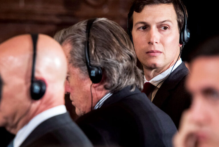 White House Senior Adviser Jared Kushner listens as President Donald Trump and Italian Prime Minister Paolo Gentiloni participate in a joint news conference in the East Room of the White House in Washington, DC on Thursday, April 20, 2017. (Jabin Botsford/The Washington Post via Getty Images)