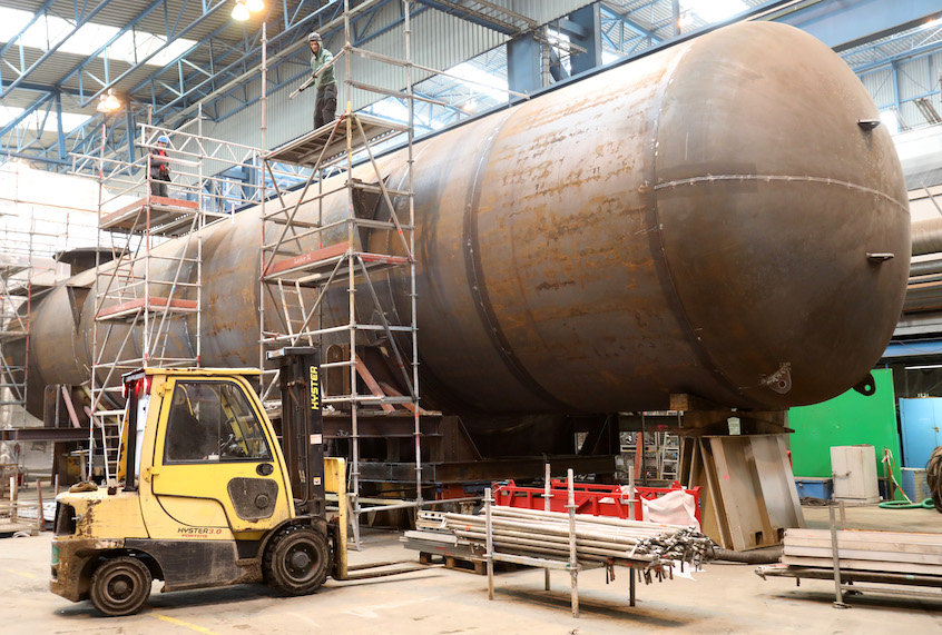 View of the gas tanks for the liquid natural gas (LNG) drive of the cruise ships of the Carnival Cruise Line at the Neptun dockyard in Rostock, Germany, 1 December 2017. (Bernd Wüstneck/picture alliance via Getty Images)