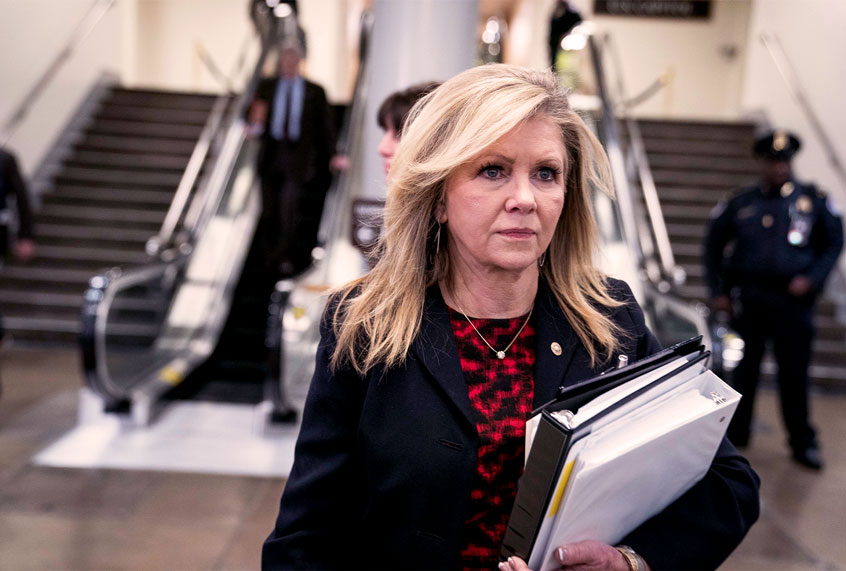 Sen. Marsha Blackburn, R-Tenn., arrives as defense arguments by the Republicans resume in the impeachment trial of President Donald Trump on charges of abuse of power and obstruction of Congress, at the Capitol in Washington, Tuesday, Jan. 28, 2020. (AP Photo/J. Scott Applewhite)