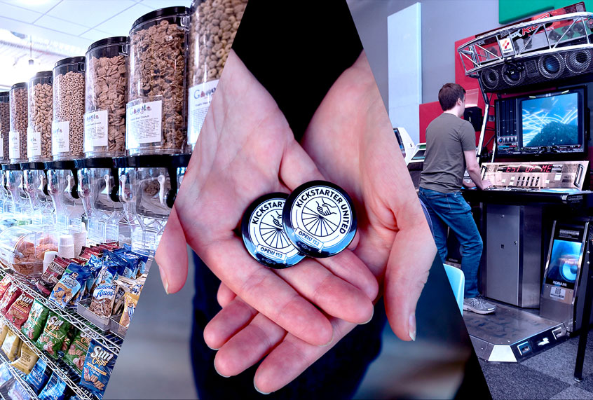 A cart full of snacks sits near a mini-kitchen in a Google Kirkland building in Kirkland, Washington. More than 350 employees work in the Kirkland facility, which includes amenities such as a climbing wall, gym and soda fountain, and consolidates several offices throughout Kirkland. / Clarissa Redwine, 29, shows union buttons while posing for a portrait in Brooklyn, NY. Redwine and her former colleague, Taylor Moore, said they were fired from Kickstarter after starting to organize an effort to unionize, which would have been a first for a tech company of that stature. / Facebook employees play video games inside an arcade at the company's corporate headquarters campus in Menlo Park, California. (Yana Paskova/Stephen Brashear/Josh Edelson/AFP/Getty Images)