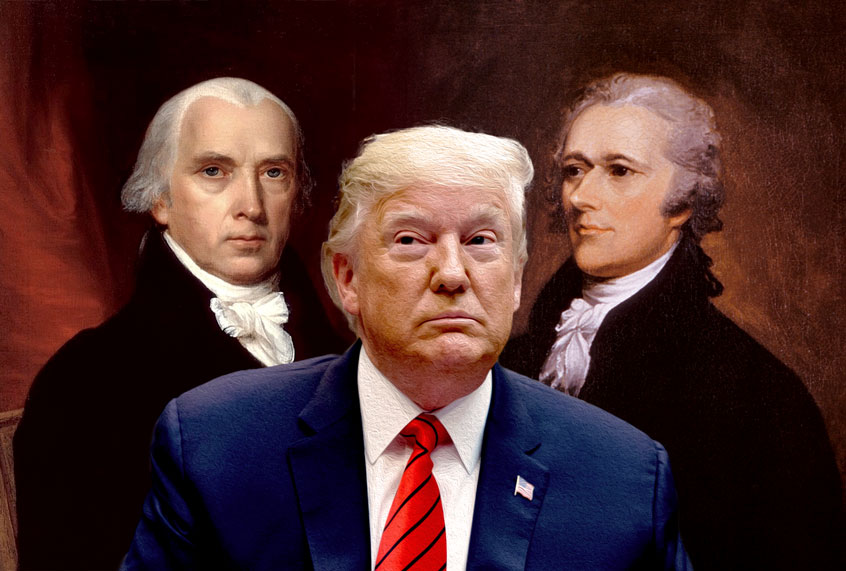 James Madison, Alexander Hamilton and Donald Trump (AP Photo/WikiCommons/John Trumbull/John Vanderlyn)
