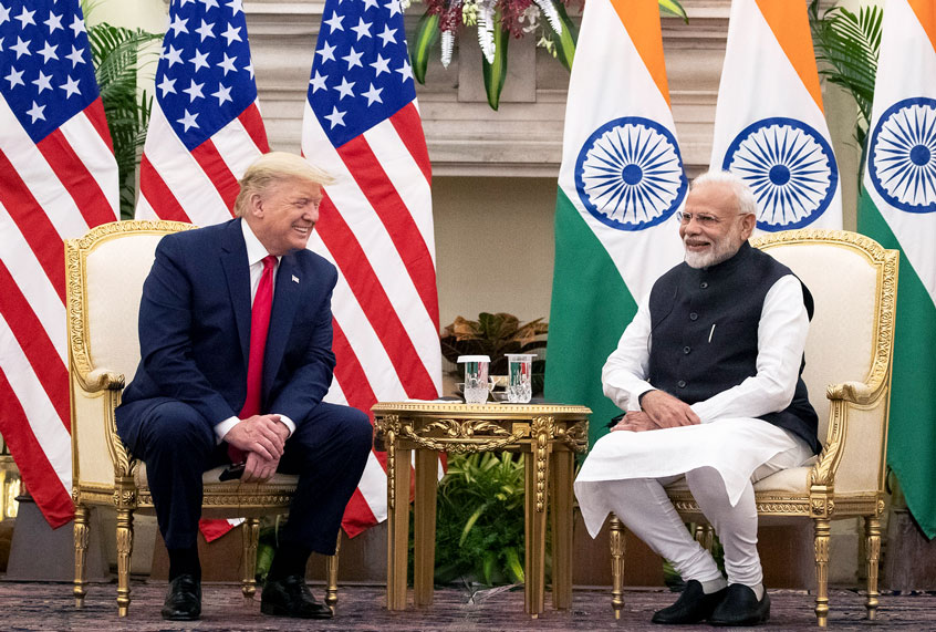 U.S. President Donald Trump and Indian Prime Minister Narendra Modi smile before a meeting at Hyderabad House, Tuesday, Feb. 25, 2020, in New Delhi, India. (AP Photo/Alex Brandon)