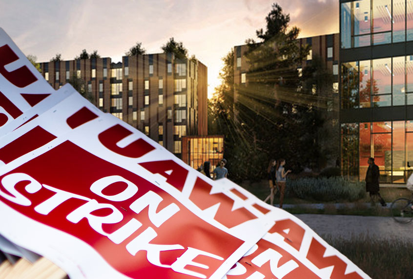Projected design for new student housing at University of California, Santa Cruz / Strike picket signs (UC Santa Cruz/AP Photo/Salon)
