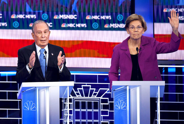 Democratic presidential hopeful Massachusetts Senator Elizabeth Warren (R) gestures next to former New York Mayor Mike Bloomberg during the ninth Democratic primary debate of the 2020 presidential campaign season co-hosted by NBC News, MSNBC, Noticias Telemundo and The Nevada Independent at the Paris Theater in Las Vegas, Nevada, on February 19, 2020. (MARK RALSTON/AFP via Getty Images)
