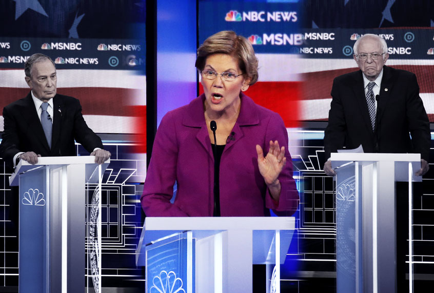 Democratic presidential candidate (L) former New York City Mayor Mike Bloomberg and Sen. Bernie Sanders (I-VT) listen as Sen. Elizabeth Warren (D-MA) speaks during the Democratic presidential primary debate at Paris Las Vegas on February 19, 2020 in Las Vegas, Nevada. Six candidates qualified for the third Democratic presidential primary debate of 2020, which comes just days before the Nevada caucuses on February 22. (Mario Tama/Getty Images/Salon)