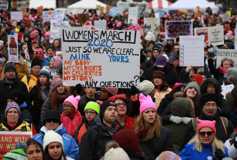 People participate in the Women's March as they protest against the U.S. President Donald Trump in Washington, United States on January 18, 2020. (Yasin Ozturk/Anadolu Agency via Getty Images)