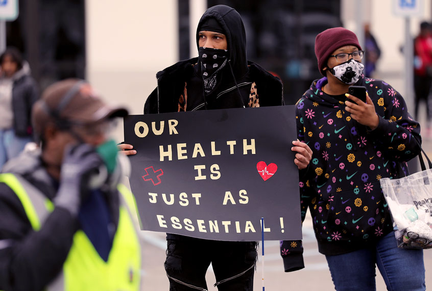 Amazon employees hold a protest and walkout over conditions at the company's Staten Island distribution facility on March 30, 2020 in New York City (Spencer Platt/Getty Images)