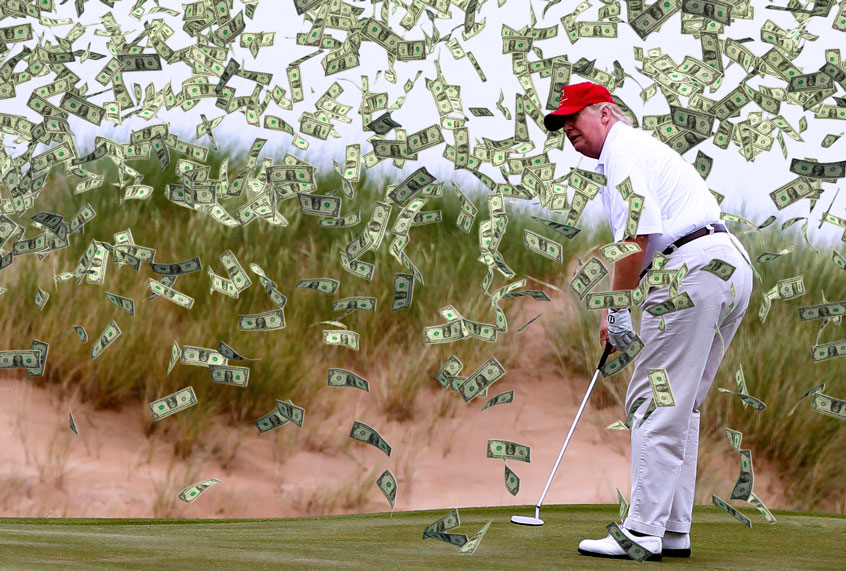 Donald Trump golfing, with money raining down (Photo illustration by Salon/Getty Images)