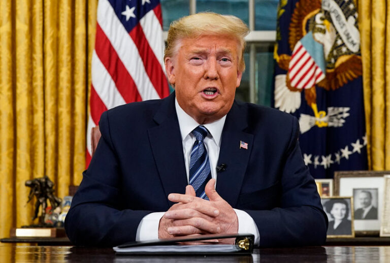 President Donald Trump speaks in an address to the nation from the Oval Office at the White House about the coronavirus Wednesday, March, 11, 2020, in Washington. (Doug Mills/The New York Times via AP, Pool)