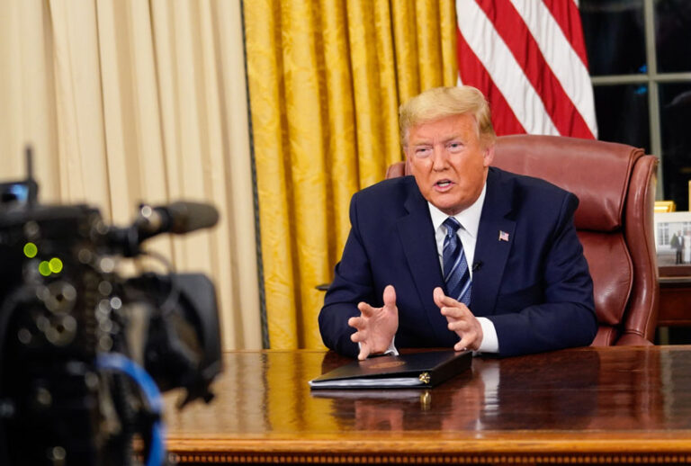 US President Donald Trump addresses the nation from the Oval Office about the widening Coronavirus crisis on March 11, 2020 in Washington, DC. President Trump said the US will suspend all travel from Europe - except the UK - for the next 30 days. Since December 2019, Coronavirus (COVID-19) has infected more than 109,000 people and killed more than 3,800 people in 105 countries. (Doug Mills-Pool/Getty Images)