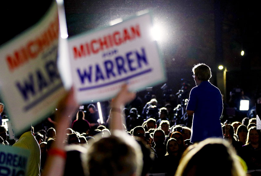 Democratic presidential candidate Sen. Elizabeth Warren, D-Mass., speaks during a primary election night rally, Tuesday, March 3, 2020, at Eastern Market in Detroit. (AP Photo/Patrick Semansky)