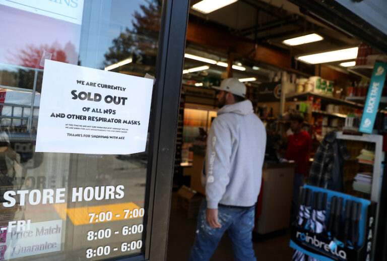 A sign tells customers that all N95 protective masks are sold out at Marin Ace Hardware on March 02, 2020 in San Rafael, California. (Justin Sullivan/Getty Images)