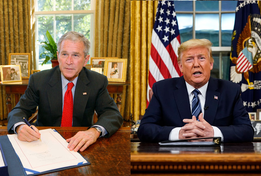 President Bush signs the Emergency Economic Stabilization Act of 2008 in the Oval Office after the House passed the $700 billion financial bailout bill at the White House in Washington, Friday, Oct. 3, 2008. | US President Donald Trump addresses the nation from the Oval Office about the widening coronavirus crisis on March 11, 2020 in Washington, DC. (AP Photo/Charles Dharapak/Doug Mills-Pool/Getty Images)