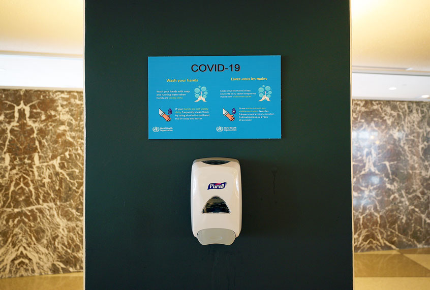 A disinfectant hand sanitizer is seen at United Nations Headquarters after it closed to the public "out of an abundance of caution" because of the spread of the novel coronavirus (COVID-19) in New York, United States on March 11, 2020. (Tayfun Coskun/Anadolu Agency via Getty Images)