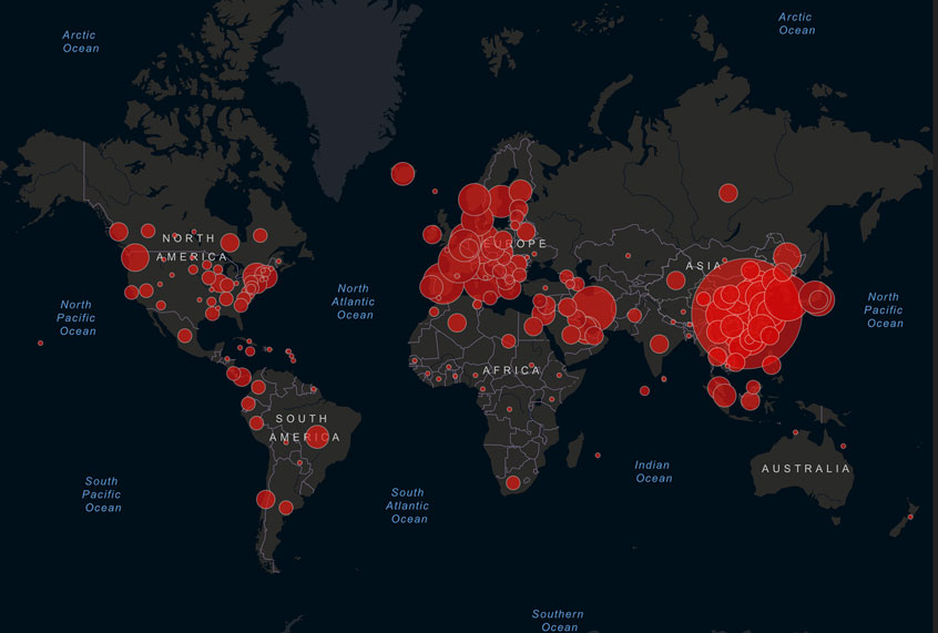 The Johns Hopkins Center for Systems Science and Engineering created this near-real-time tracking map of coronavirus infections and deaths. (The Johns Hopkins Center for Systems Science and Engineering)