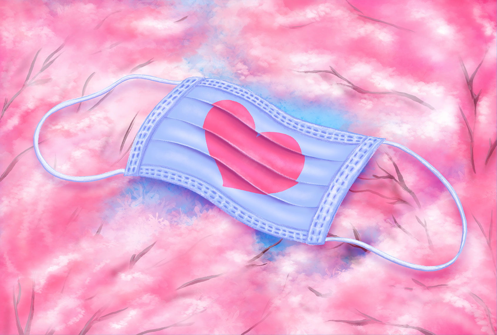 Illustration of a medical mask decorated with a heart, with cherry blossoms in the background (Ilana Lidagoster)