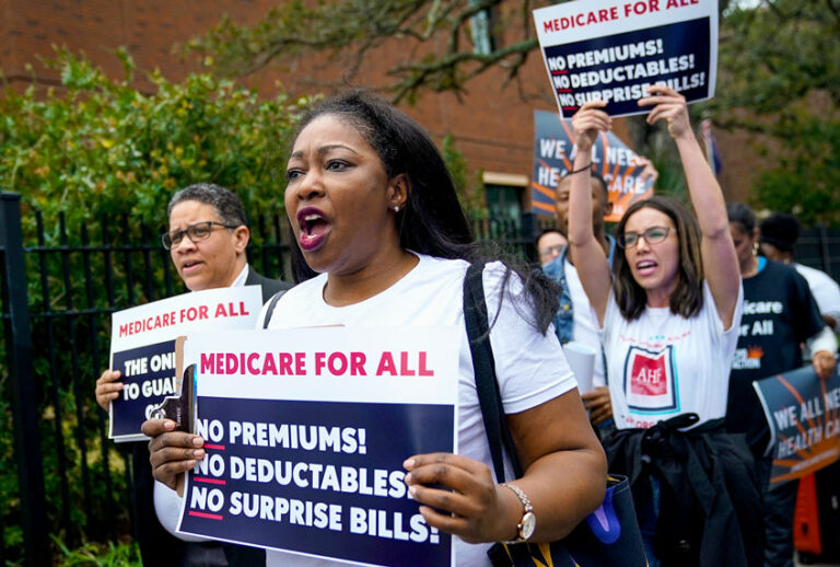 Supporters of "Medicare For All" demonstrate outside of the Charleston Gaillard Center ahead of the Democratic presidential debate on February 25, 2020 in Charleston, South Carolina. South Carolina holds its Democratic presidential primary on Saturday, February 29. (Drew Angerer/Getty Images)