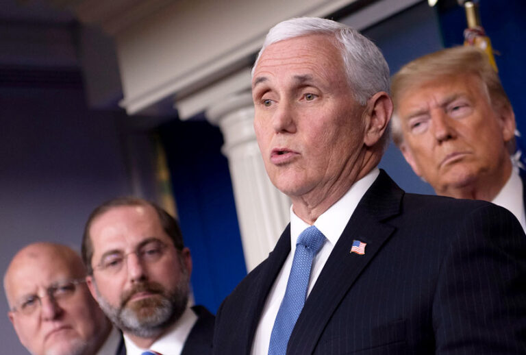 US Vice President Mike Pence speaks during a news conference on the COVID-19 outbreak at the White House on February 26, 2020. - US President Donald Trump on Wednesday defended his administration's response to the novel coronavirus, lashing the media for spreading panic as he conducts an evening news conference on the epidemic. (ERIC BARADAT/AFP via Getty Images)