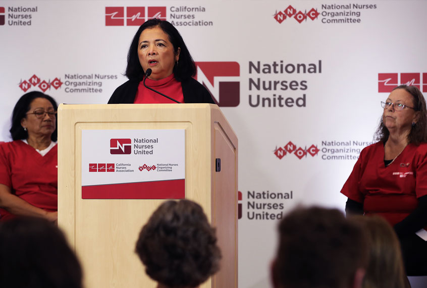 Bonnie Castillo, executive director of National Nurses United, speaks during a news conference at the National Nurses United offices on March 05, 2020 in Oakland, California. The National Nurses United held a news conference to express concerns that the Centers for Disease Control is not doing enough to help protect and test healthcare workers who are exposed to patients with the COVID-19 virus. (National Nurses United; Coronavirus)