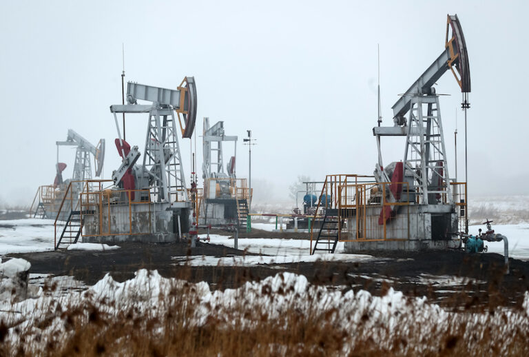 Pumpjacks near the Yamashinskoye rural settlement in the Almetyevsk District. (Yegor AleyevTASS via Getty Images)