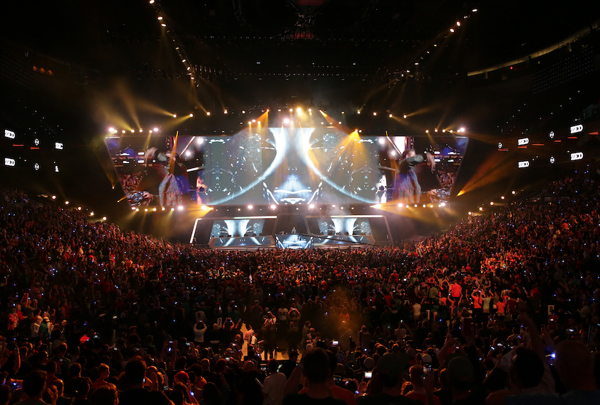 Fans watch the opening entertainment of the Overwatch League Grand Finals at the Wells Fargo Center on September 29, 2019 in Philadelphia, Pennsylvania. (Hunter Martin/Getty Images)