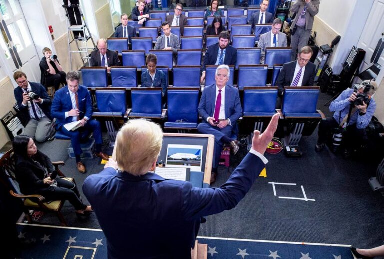 President Donald Trump speaks about the coronavirus in the James Brady Press Briefing Room, Friday, March 27, 2020, in Washington. (AP Photo/Alex Brandon)