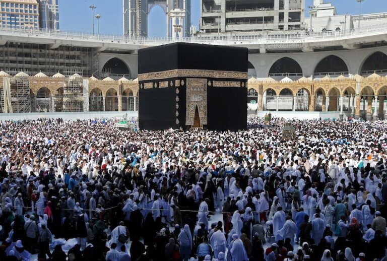 Muslim pilgrims walk around the Kaaba (Tawaf al-Wadaa), Islam's holiest shrine, at the Grand Mosque in Saudi Arabia's holy city of Mecca on February 27, 2020. (Abdel Ghani Bashir/AFP via Getty Images)