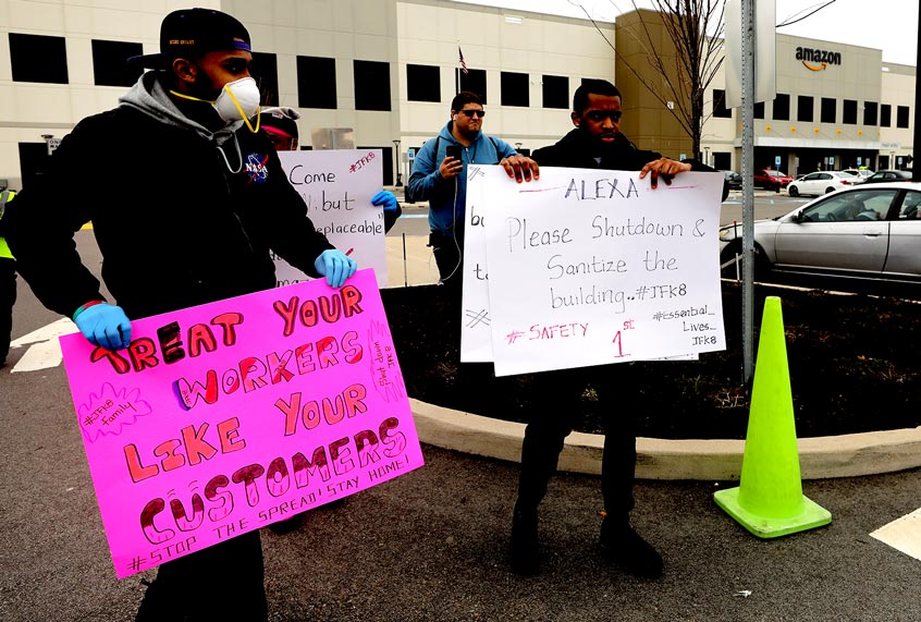 Amazon employees hold a protest and walkout over conditions at the company's Staten Island distribution facility on March 30, 2020 in New York City. (Spencer Platt/Getty Images)