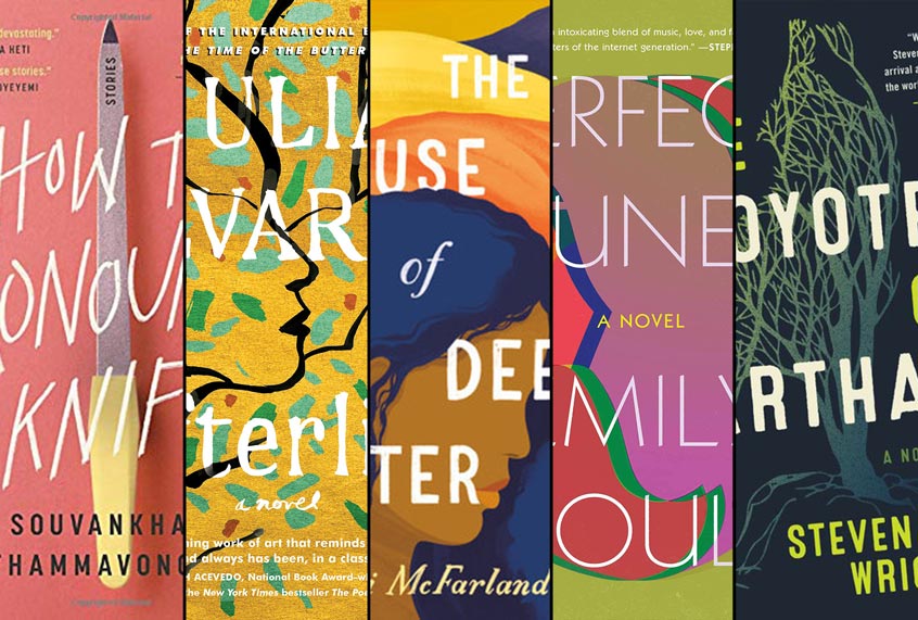 "Afterlife"" by Julia Alvarez, "Perfect Tunes"" by Emily Gould, "The Coyotes of Carthage"" by Steven Wright, "The House of Deep Water"" by Jeni McFarland, and "How to Pronounce Knife"" by Souvankham Thammavongsa" (Algonquin Books/Simon & Schuster/Harper Collins/G.P. Putnam’s Sons/Little, Brown and Company)