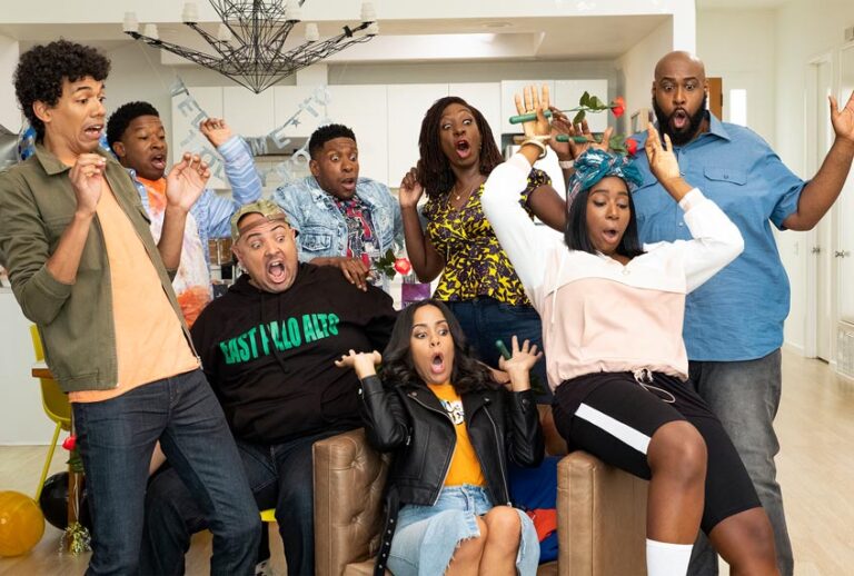 Jonathan Braylock, James III, Shawtane Bowen, Jerah Milligan, Caroline Martin, Keisha Zollar, Monique Moses and Raymond Cordova on "Astronomy Club: The Sketch Show" (Lara Solanki/Netflix)
