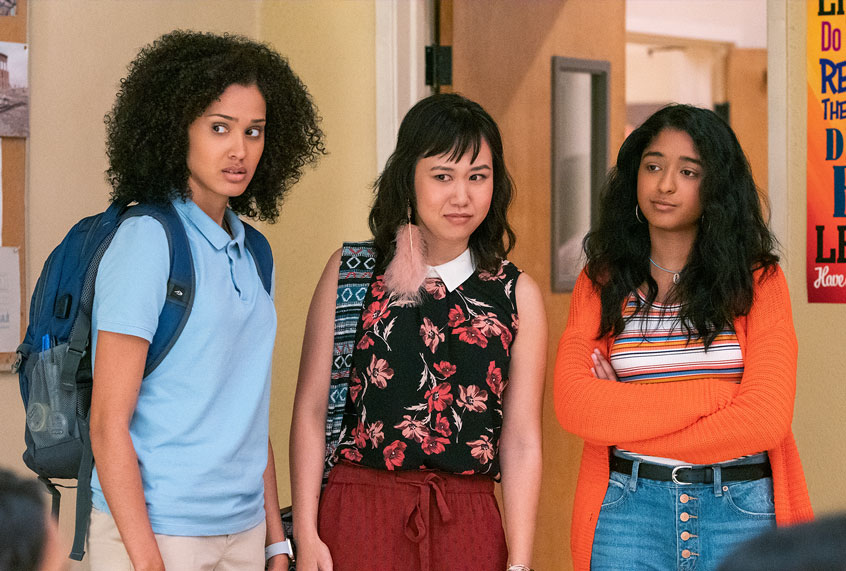 Lee Rodriguez as Fabiola Torres, Ramona Young as Eleanor Wong, and Maitreyi Ramakrishnan as Devi Vishwakumar in "Never Have I Ever" (LARA SOLANKI/NETFLIX)