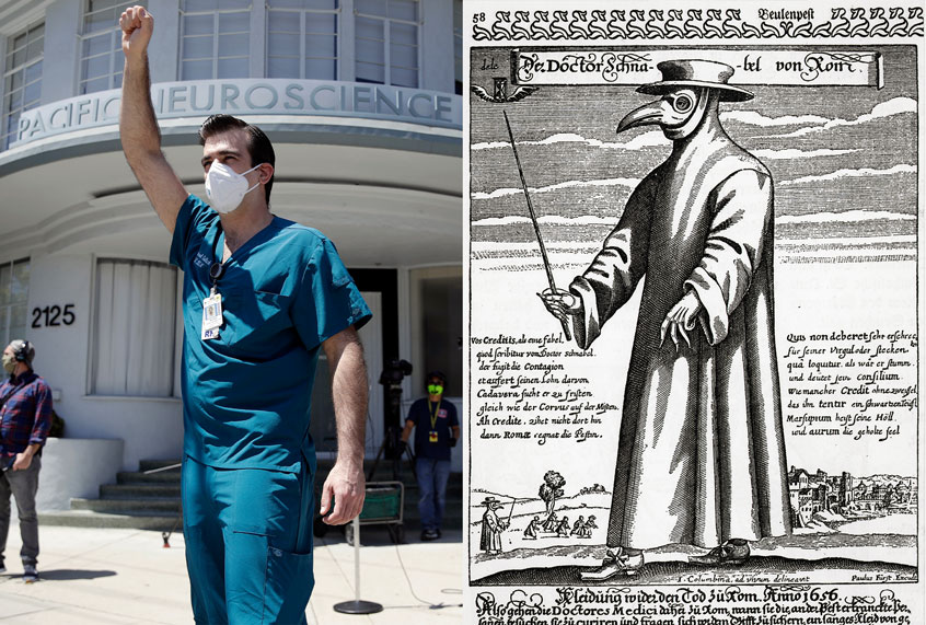 Nurse holding up fist in protest | Plague Doctor illustration (Getty Images/AP Photo/Salon)