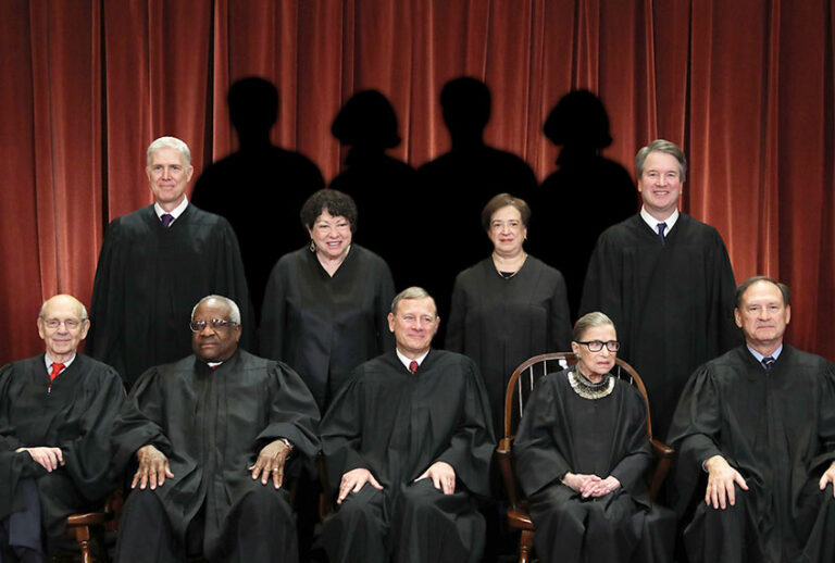 Photo illustration of Supreme Court Justices, plus 4 silhouetted justices (Getty Images/Chip Somodevilla/Salon)