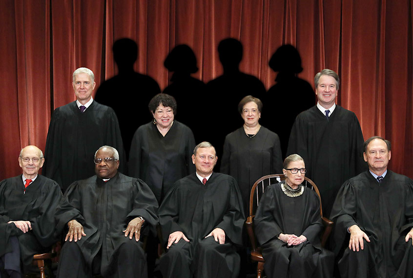 Photo illustration of Supreme Court Justices, plus 4 silhouetted justices (Getty Images/Chip Somodevilla/Salon)