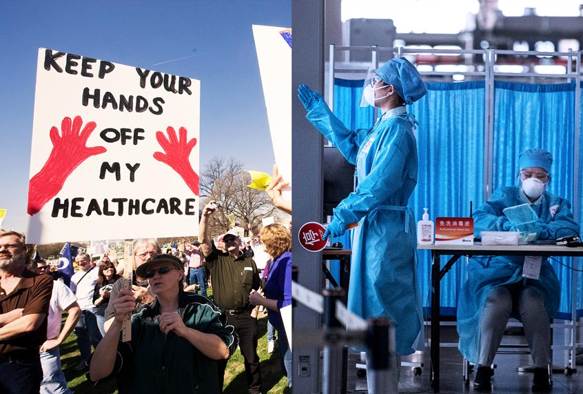 Tea Party supporters demonstrate outside the US Capitol in Washington, DC, on March 20, 2010 against the healthcare bill | Chinese airport security wear protective suits as they wait to check the health of travelers at Beijing Capital International Airport on March 24, 2020 in Beijing, China (Kevin Frayer/Nicholas Kamm/AFP/Getty Images)